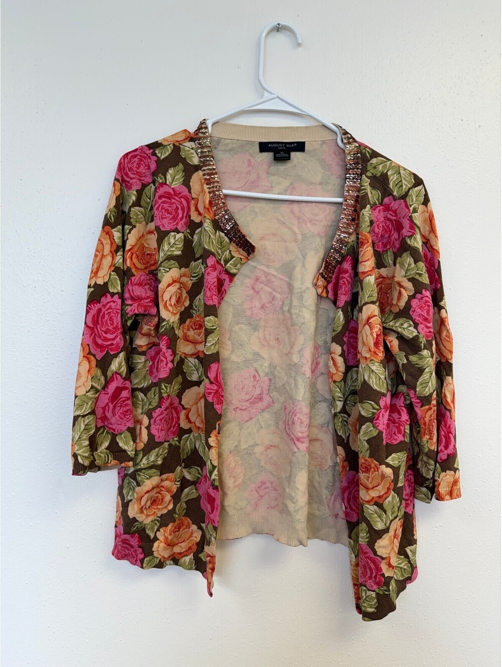 August Silk Floral Knit Cardigan with Sequin Trim, Size XL
